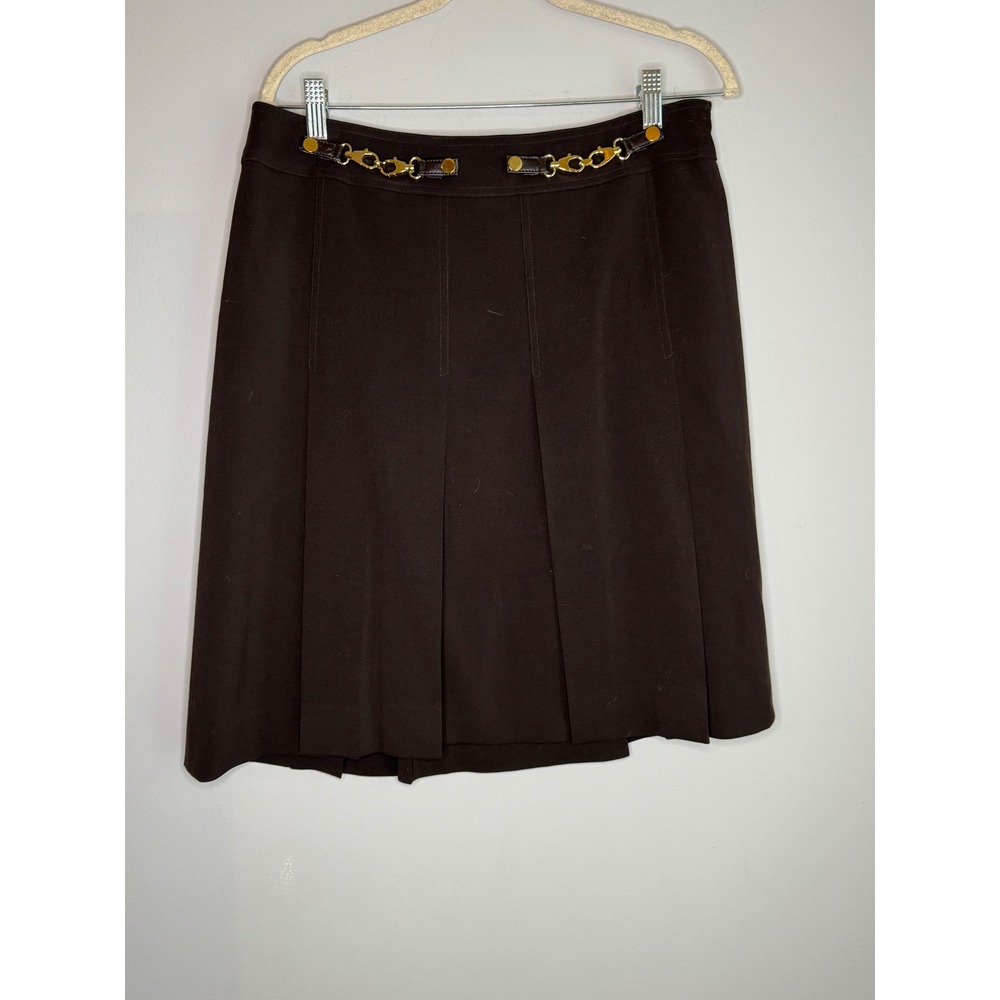 Carlisle Brown Wool Blend Pleated Skirt Gold Hardware Accents Size 10